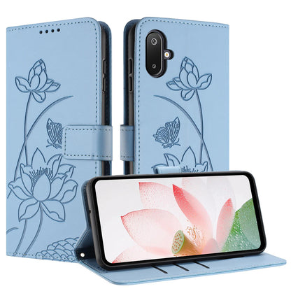 Samsung Galaxy M06 5G Lotus Embossed PU Leather Wallet Phone Case with Card Holder, Cash Pocket, Magnetic Flip Stand Cover, Wrist Lanyard Strap, Shockproof TPU Protective Folio Case - Purple
