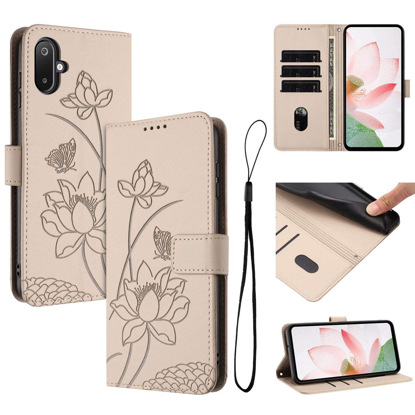 Samsung Galaxy M06 5G Lotus Embossed PU Leather Wallet Phone Case with Card Holder, Cash Pocket, Magnetic Flip Stand Cover, Wrist Lanyard Strap, Shockproof TPU Protective Folio Case - Purple