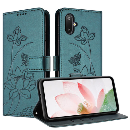Samsung Galaxy M06 5G Lotus Embossed PU Leather Wallet Phone Case with Card Holder, Cash Pocket, Magnetic Flip Stand Cover, Wrist Lanyard Strap, Shockproof TPU Protective Folio Case - Purple