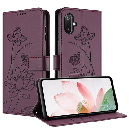 Samsung Galaxy M06 5G Lotus Embossed PU Leather Wallet Phone Case with Card Holder, Cash Pocket, Magnetic Flip Stand Cover, Wrist Lanyard Strap, Shockproof TPU Protective Folio Case - Purple