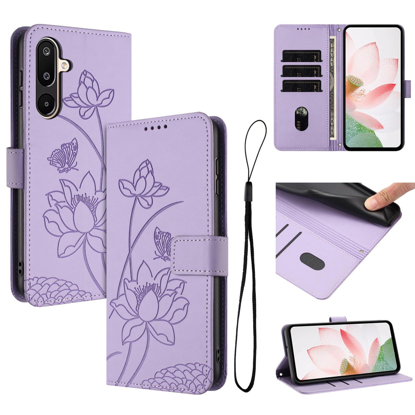 Samsung Galaxy F16 Lotus Embossed PU Leather Wallet Phone Case with Card Holder, Cash Pocket, Magnetic Flip Stand Cover, Wrist Lanyard Strap, Shockproof TPU Protective Folio Case - Purple