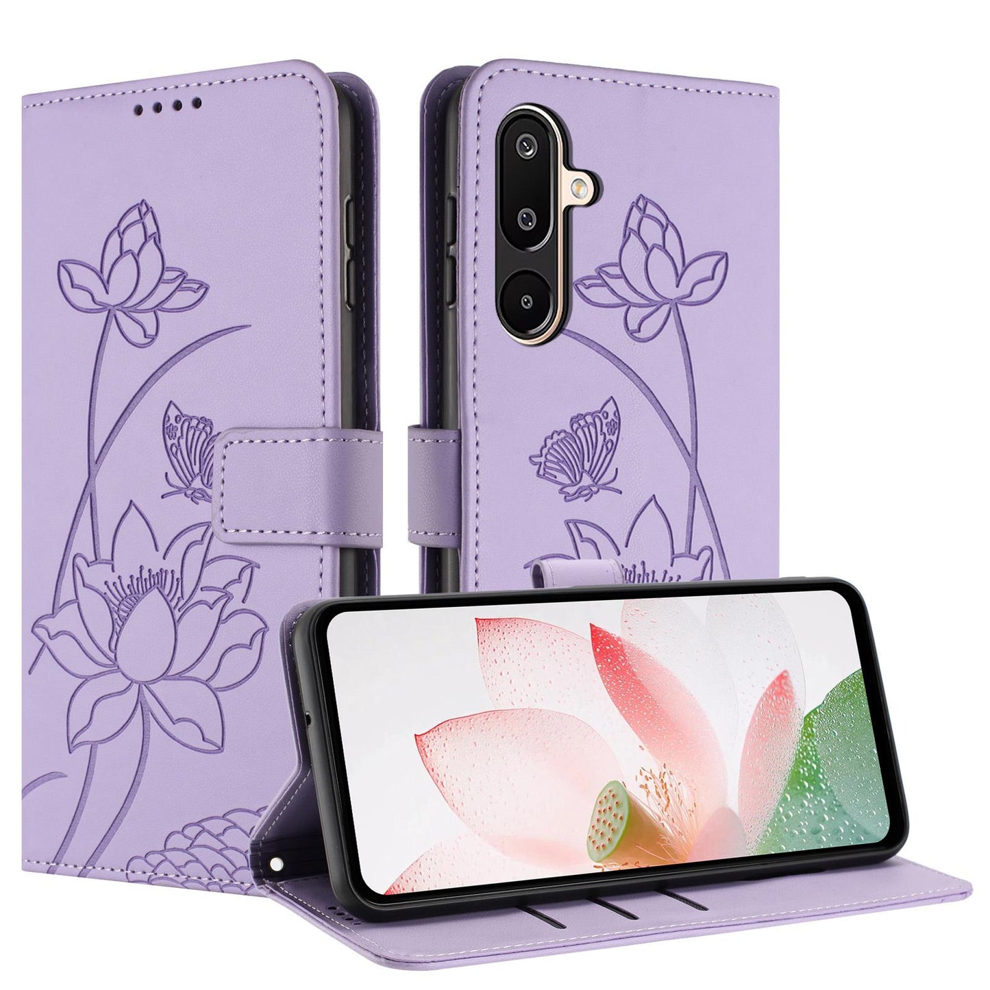 Samsung Galaxy F16 Lotus Embossed PU Leather Wallet Phone Case with Card Holder, Cash Pocket, Magnetic Flip Stand Cover, Wrist Lanyard Strap, Shockproof TPU Protective Folio Case - Purple