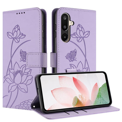 Samsung Galaxy M16 5G Lotus Embossed PU Leather Wallet Phone Case with Card Holder, Cash Pocket, Magnetic Flip Stand Cover, Wrist Lanyard Strap, Shockproof TPU Protective Folio Case - Purple
