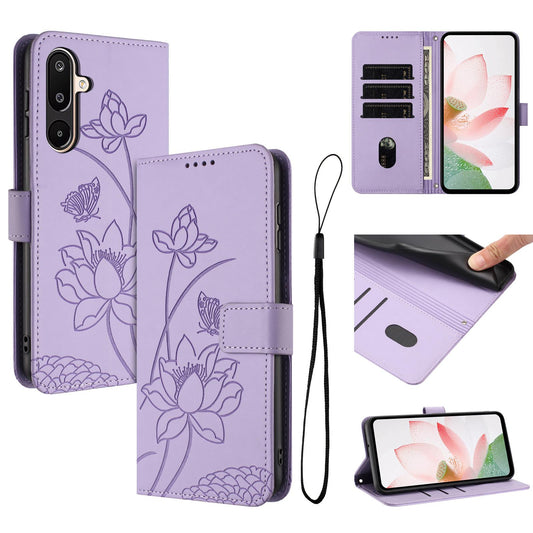 Samsung Galaxy M16 5G Lotus Embossed PU Leather Wallet Phone Case with Card Holder, Cash Pocket, Magnetic Flip Stand Cover, Wrist Lanyard Strap, Shockproof TPU Protective Folio Case - Purple