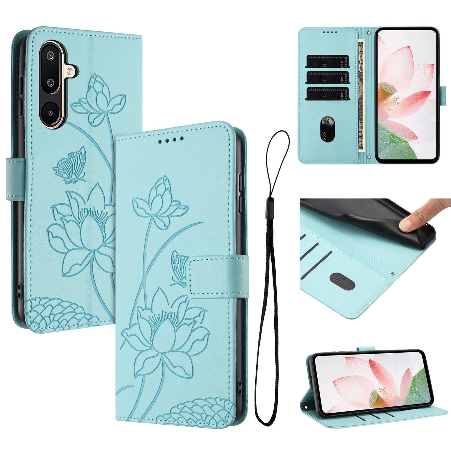 Samsung Galaxy M16 5G Lotus Embossed PU Leather Wallet Phone Case with Card Holder, Cash Pocket, Magnetic Flip Stand Cover, Wrist Lanyard Strap, Shockproof TPU Protective Folio Case - Purple