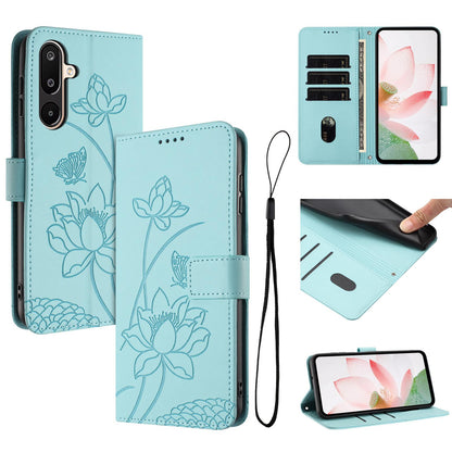 Samsung Galaxy M16 5G Lotus Embossed PU Leather Wallet Phone Case with Card Holder, Cash Pocket, Magnetic Flip Stand Cover, Wrist Lanyard Strap, Shockproof TPU Protective Folio Case - Purple