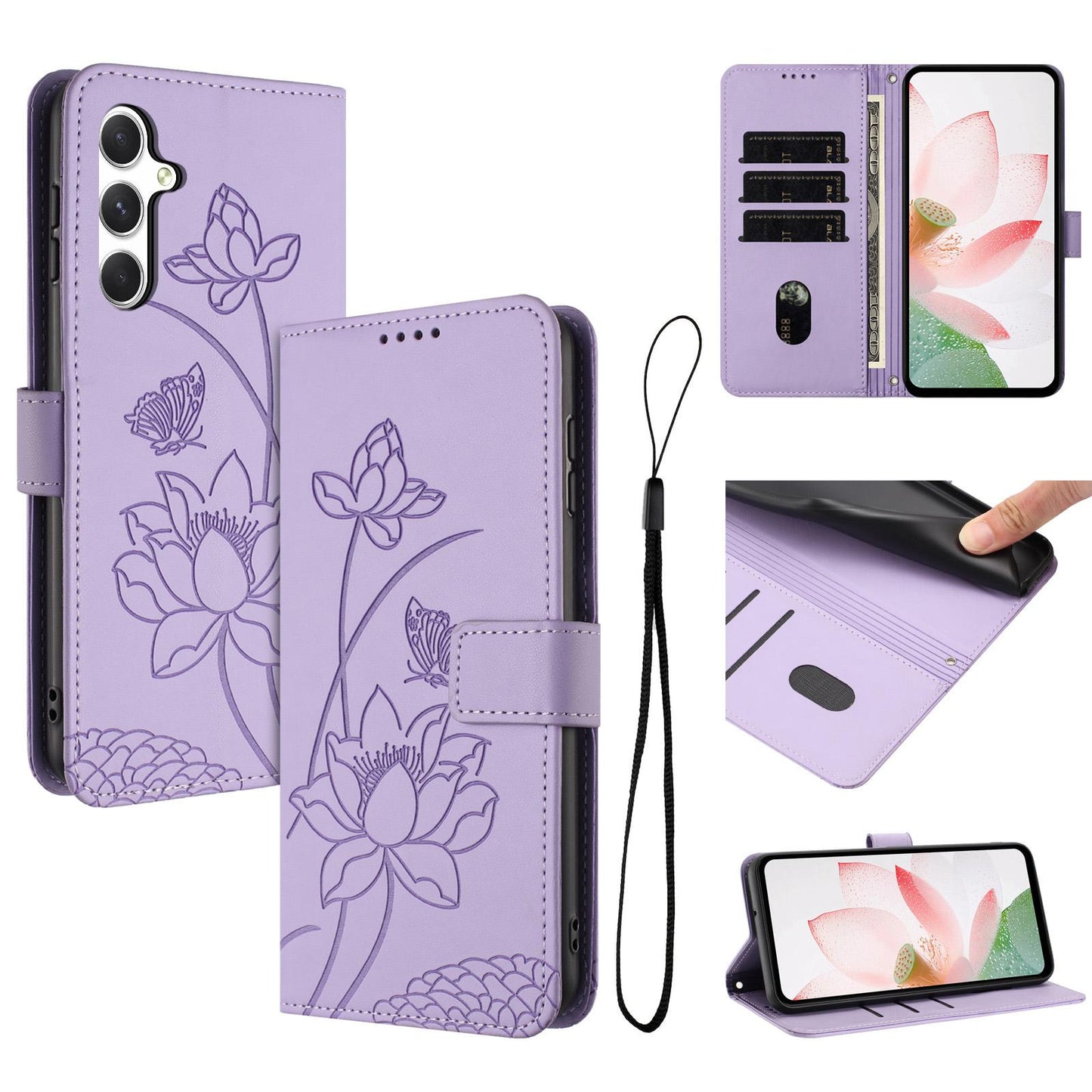 Samsung Galaxy M14 Lotus Embossed PU Leather Wallet Phone Case with Card Holder, Cash Pocket, Magnetic Flip Stand Cover, Wrist Lanyard Strap, Shockproof TPU Protective Folio Case - Purple