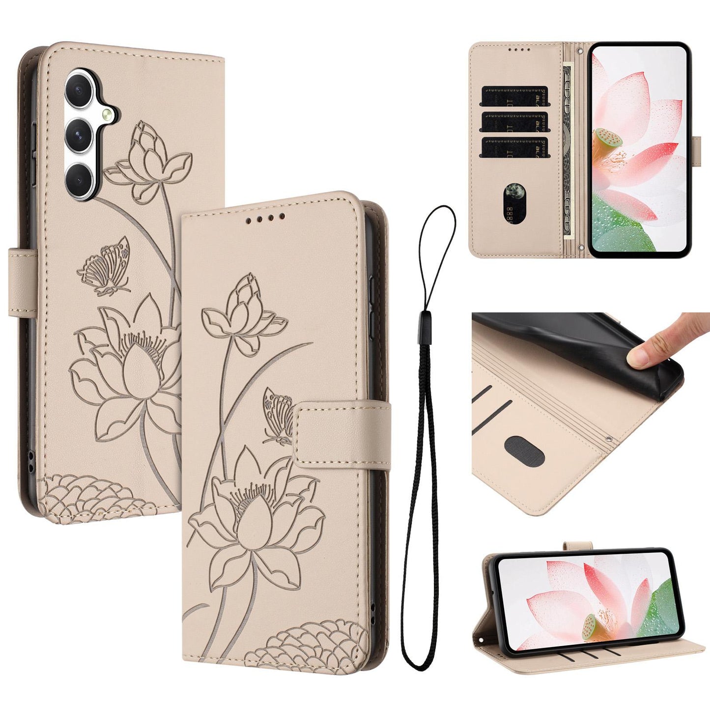 Samsung Galaxy M14 Lotus Embossed PU Leather Wallet Phone Case with Card Holder, Cash Pocket, Magnetic Flip Stand Cover, Wrist Lanyard Strap, Shockproof TPU Protective Folio Case - Purple