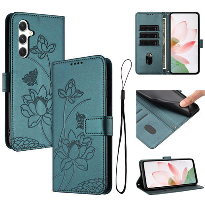 Samsung Galaxy M35 5G Lotus Embossed PU Leather Wallet Phone Case with Card Holder, Cash Pocket, Magnetic Flip Stand Cover, Wrist Lanyard Strap, Shockproof TPU Protective Folio Case - Purple