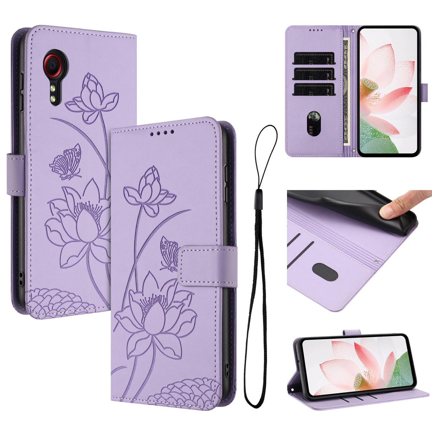 Samsung Galaxy Xcover 7 Lotus Embossed PU Leather Wallet Phone Case with Card Holder, Cash Pocket, Magnetic Flip Stand Cover, Wrist Lanyard Strap, Shockproof TPU Protective Folio Case - Purple