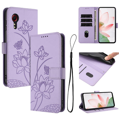 Samsung Galaxy Xcover 7 Lotus Embossed PU Leather Wallet Phone Case with Card Holder, Cash Pocket, Magnetic Flip Stand Cover, Wrist Lanyard Strap, Shockproof TPU Protective Folio Case - Purple