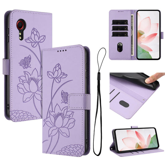 Samsung Galaxy Xcover 7 Lotus Embossed PU Leather Wallet Phone Case with Card Holder, Cash Pocket, Magnetic Flip Stand Cover, Wrist Lanyard Strap, Shockproof TPU Protective Folio Case - Purple
