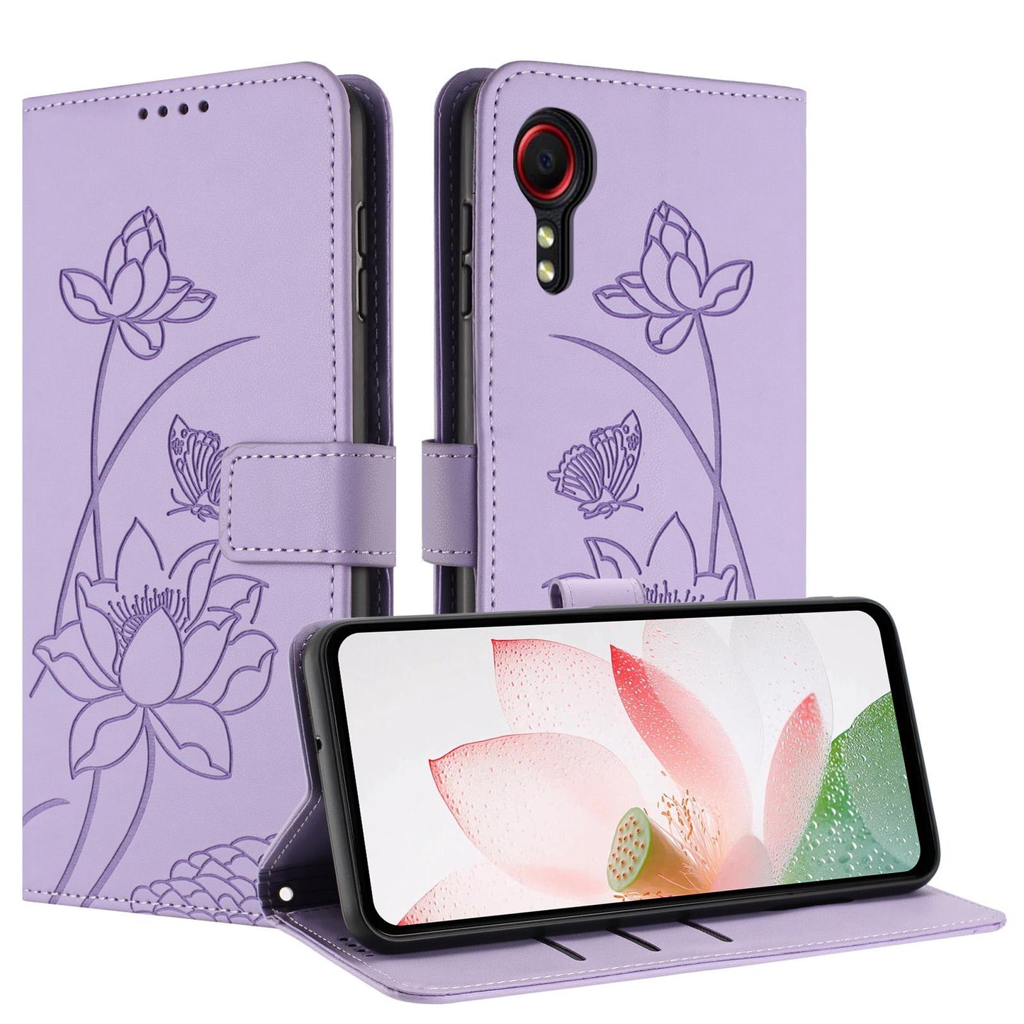 Samsung Galaxy Xcover 7 Lotus Embossed PU Leather Wallet Phone Case with Card Holder, Cash Pocket, Magnetic Flip Stand Cover, Wrist Lanyard Strap, Shockproof TPU Protective Folio Case - Purple