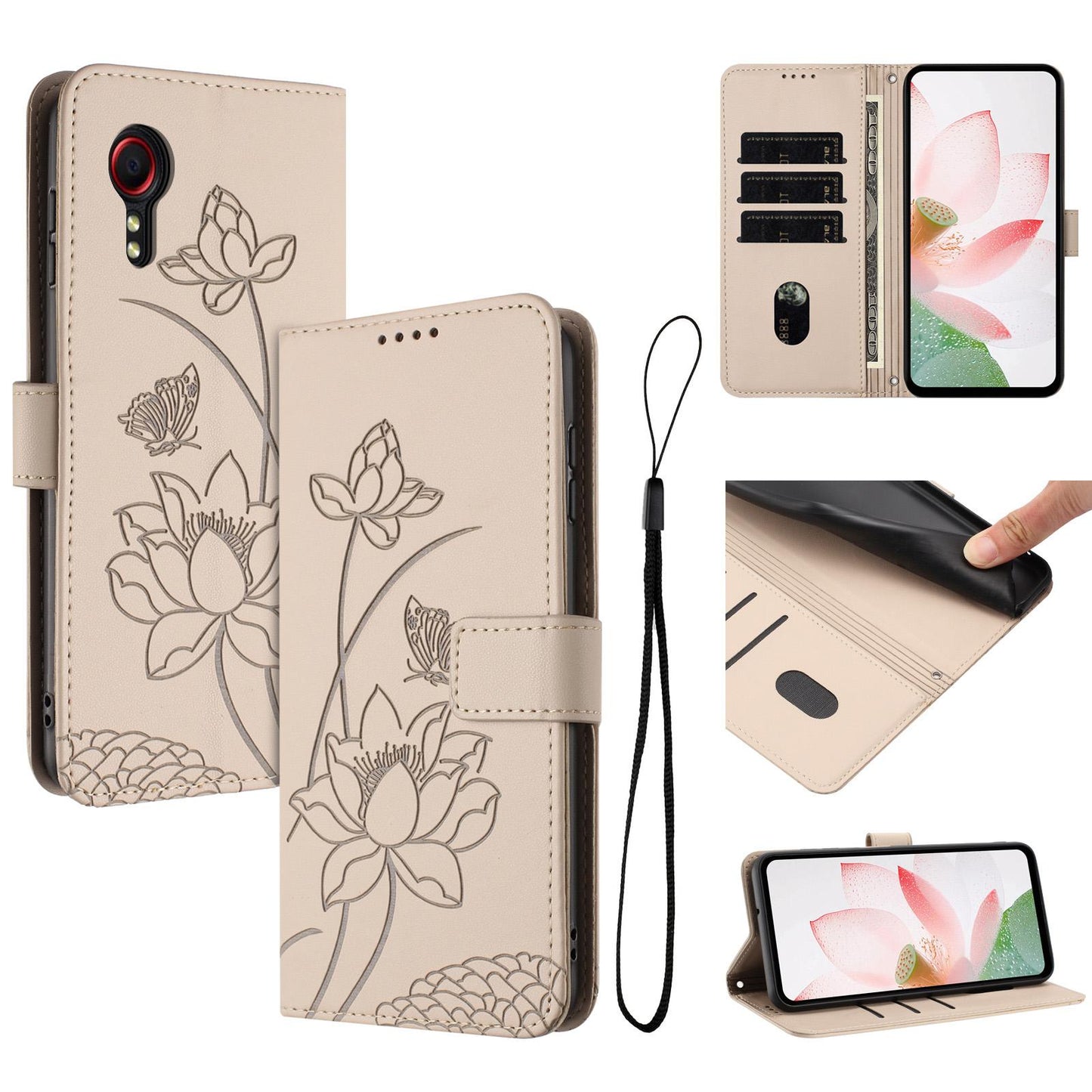 Samsung Galaxy Xcover 7 Lotus Embossed PU Leather Wallet Phone Case with Card Holder, Cash Pocket, Magnetic Flip Stand Cover, Wrist Lanyard Strap, Shockproof TPU Protective Folio Case - Purple