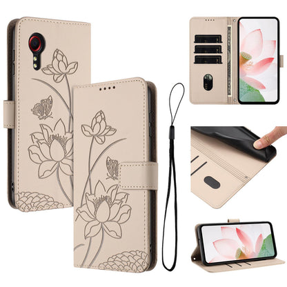 Samsung Galaxy Xcover 7 Lotus Embossed PU Leather Wallet Phone Case with Card Holder, Cash Pocket, Magnetic Flip Stand Cover, Wrist Lanyard Strap, Shockproof TPU Protective Folio Case - Purple