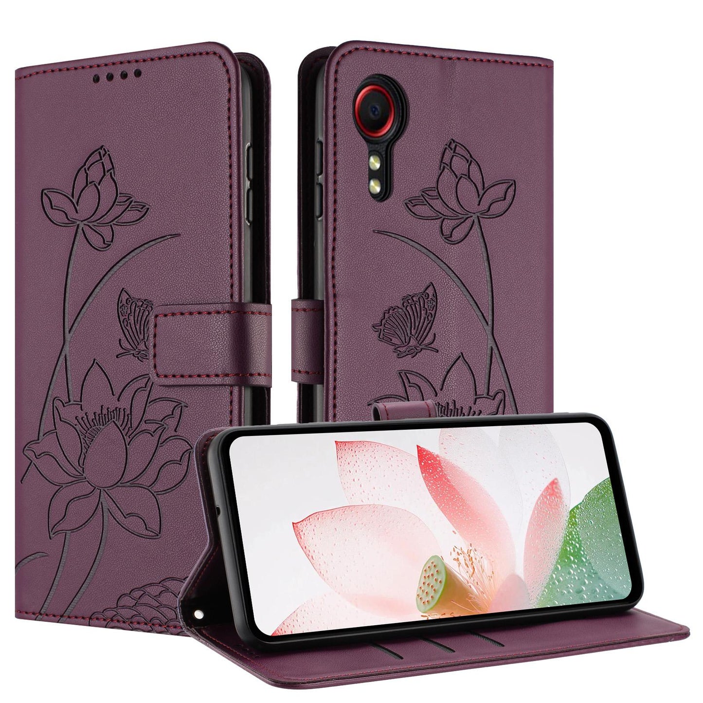 Samsung Galaxy Xcover 7 Lotus Embossed PU Leather Wallet Phone Case with Card Holder, Cash Pocket, Magnetic Flip Stand Cover, Wrist Lanyard Strap, Shockproof TPU Protective Folio Case - Purple