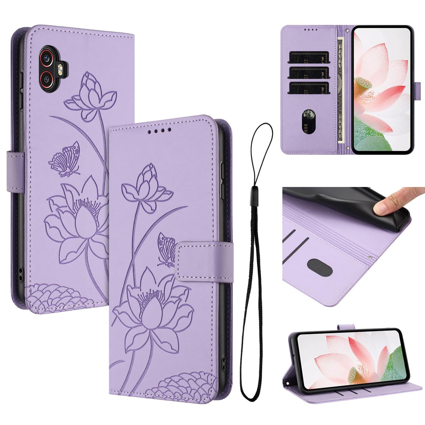 Samsung Galaxy Xcover 6 Pro Lotus Embossed PU Leather Wallet Phone Case with Card Holder, Cash Pocket, Magnetic Flip Stand Cover, Wrist Lanyard Strap, Shockproof TPU Protective Folio Case - Purple