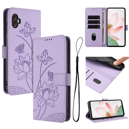 Samsung Galaxy Xcover 6 Pro Lotus Embossed PU Leather Wallet Phone Case with Card Holder, Cash Pocket, Magnetic Flip Stand Cover, Wrist Lanyard Strap, Shockproof TPU Protective Folio Case - Purple