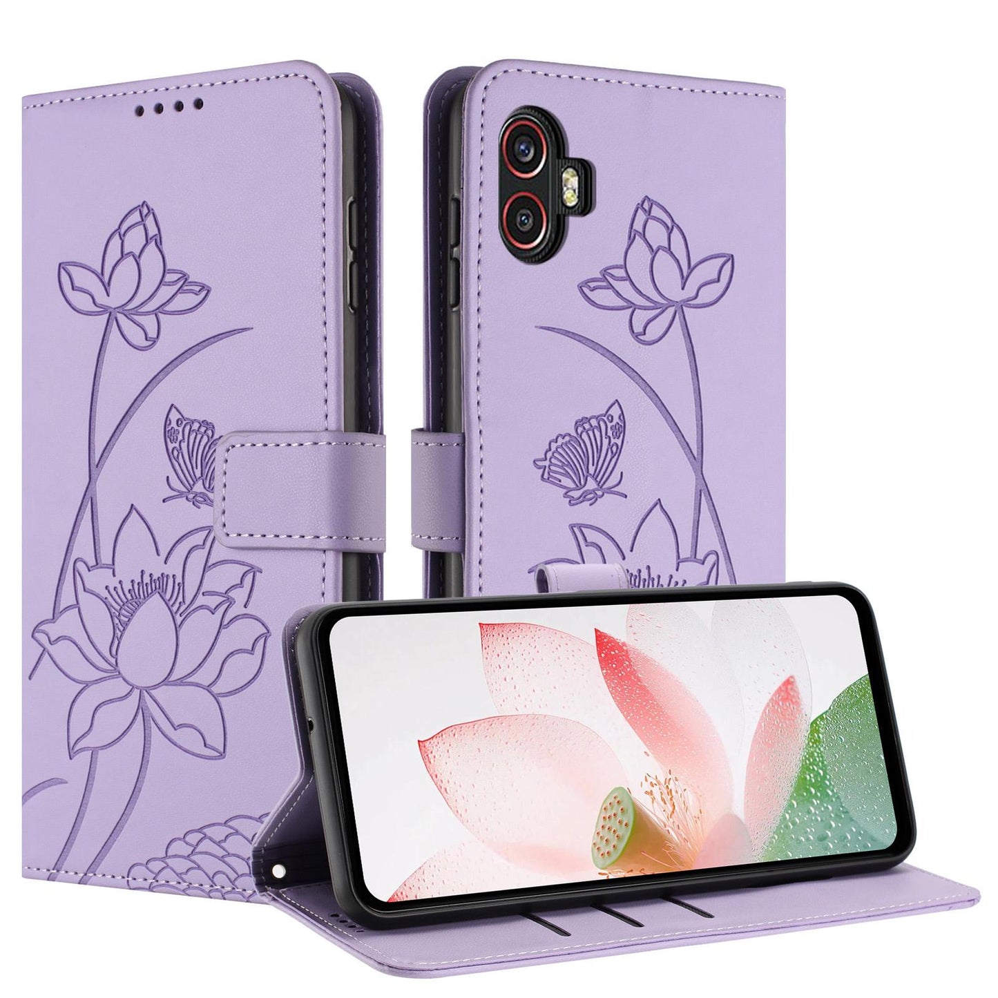 Samsung Galaxy Xcover 6 Pro Lotus Embossed PU Leather Wallet Phone Case with Card Holder, Cash Pocket, Magnetic Flip Stand Cover, Wrist Lanyard Strap, Shockproof TPU Protective Folio Case - Purple