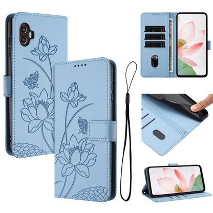 Samsung Galaxy Xcover 6 Pro Lotus Embossed PU Leather Wallet Phone Case with Card Holder, Cash Pocket, Magnetic Flip Stand Cover, Wrist Lanyard Strap, Shockproof TPU Protective Folio Case - Purple