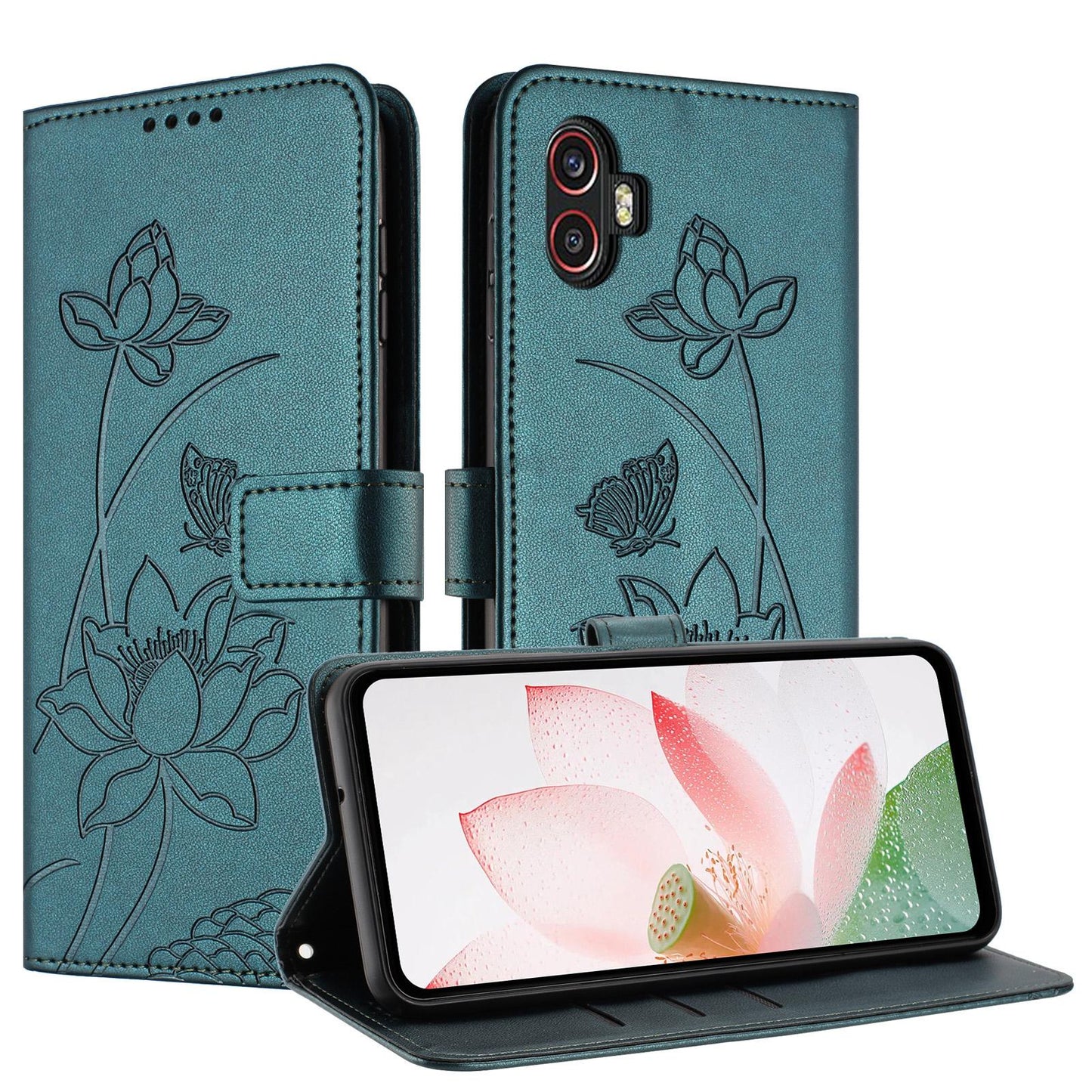 Samsung Galaxy Xcover 6 Pro Lotus Embossed PU Leather Wallet Phone Case with Card Holder, Cash Pocket, Magnetic Flip Stand Cover, Wrist Lanyard Strap, Shockproof TPU Protective Folio Case - Purple