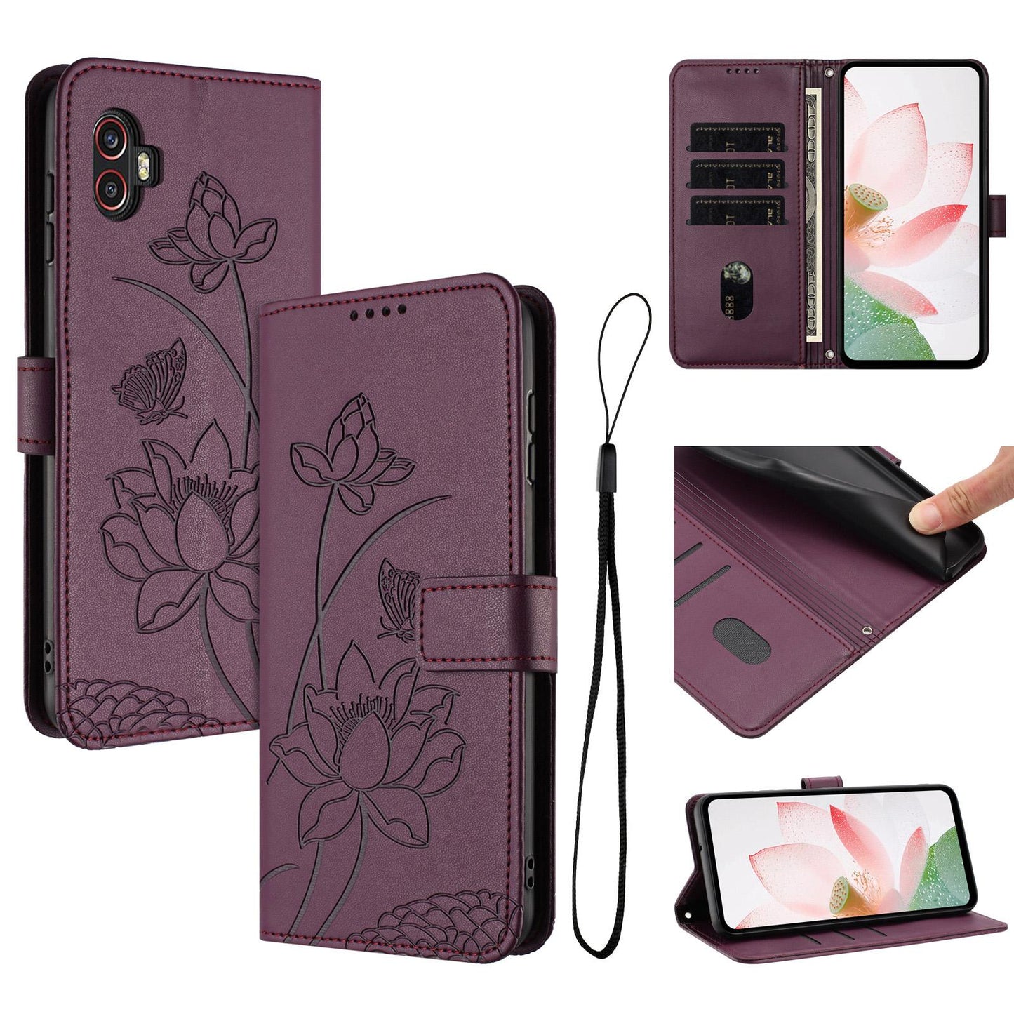 Samsung Galaxy Xcover 6 Pro Lotus Embossed PU Leather Wallet Phone Case with Card Holder, Cash Pocket, Magnetic Flip Stand Cover, Wrist Lanyard Strap, Shockproof TPU Protective Folio Case - Purple