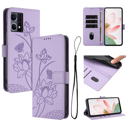 OPPO Reno8 4G Lotus Embossed PU Leather Wallet Phone Case with Card Holder, Cash Pocket, Magnetic Flip Stand Cover, Wrist Lanyard Strap, Shockproof TPU Protective Folio Case - Purple