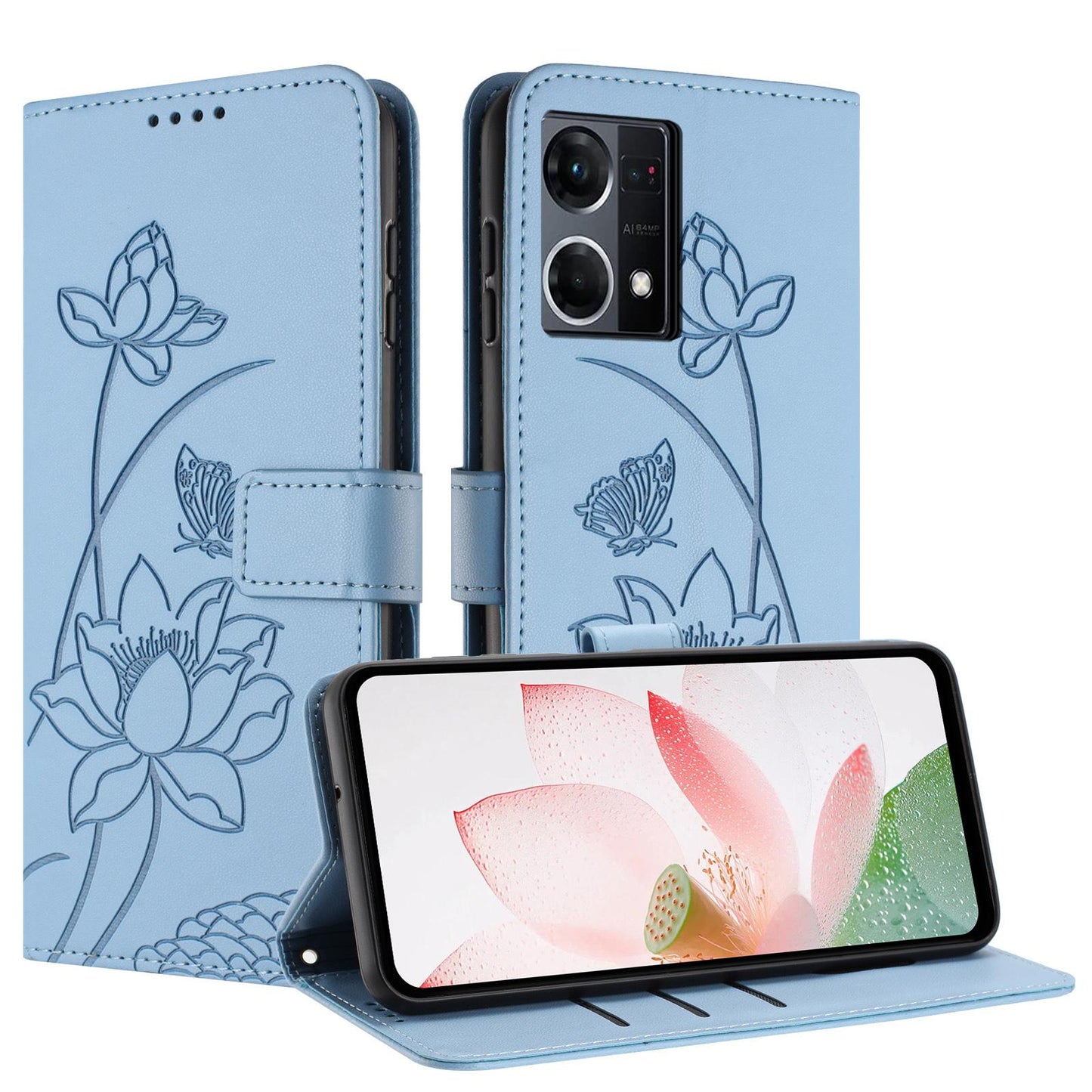 OPPO Reno8 4G Lotus Embossed PU Leather Wallet Phone Case with Card Holder, Cash Pocket, Magnetic Flip Stand Cover, Wrist Lanyard Strap, Shockproof TPU Protective Folio Case - Purple