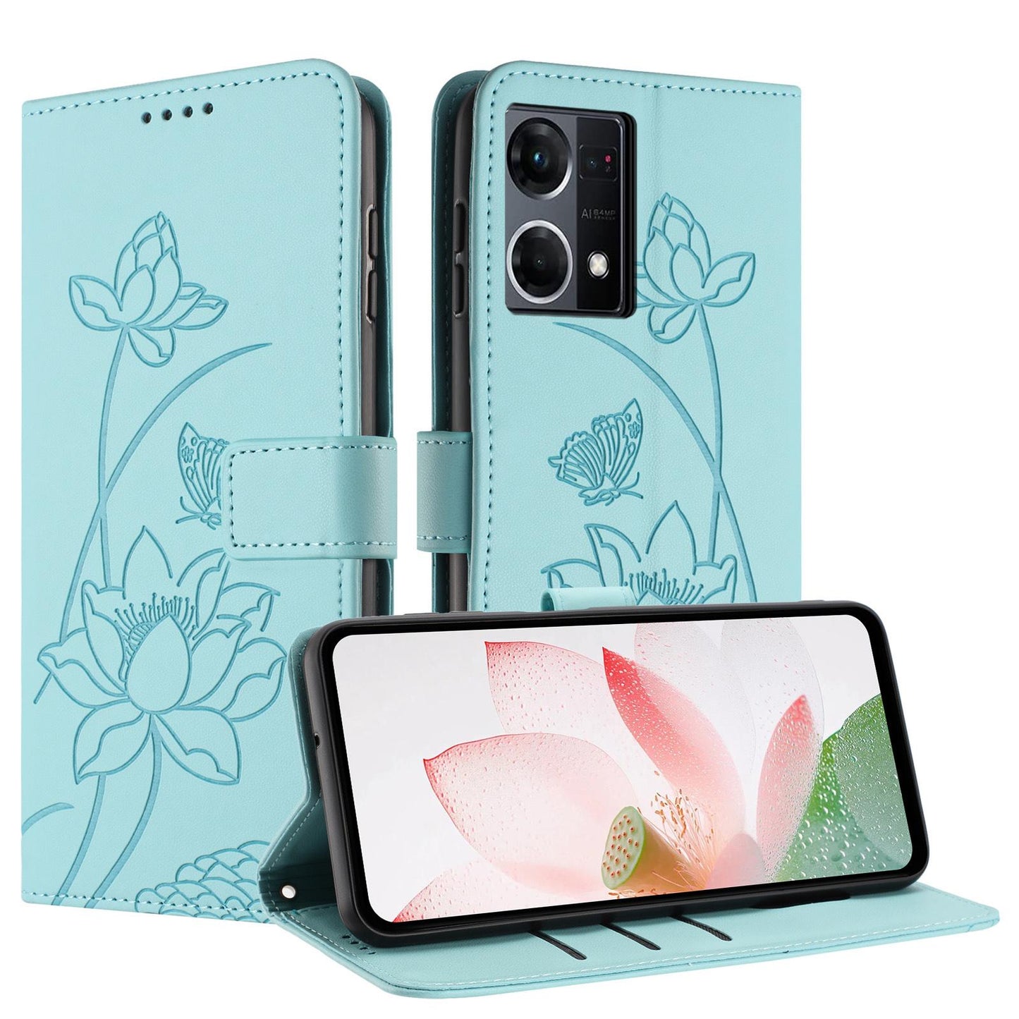 OnePlus Nord N20 5G Lotus Embossed PU Leather Wallet Phone Case with Card Holder, Cash Pocket, Magnetic Flip Stand Cover, Wrist Lanyard Strap, Shockproof TPU Protective Folio Case - Purple