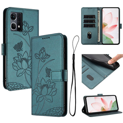 OPPO Reno8 4G Lotus Embossed PU Leather Wallet Phone Case with Card Holder, Cash Pocket, Magnetic Flip Stand Cover, Wrist Lanyard Strap, Shockproof TPU Protective Folio Case - Purple