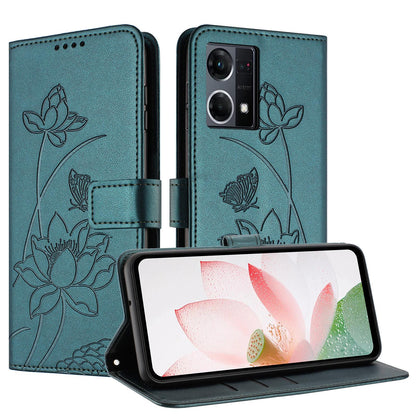 OPPO Reno8 4G Lotus Embossed PU Leather Wallet Phone Case with Card Holder, Cash Pocket, Magnetic Flip Stand Cover, Wrist Lanyard Strap, Shockproof TPU Protective Folio Case - Purple