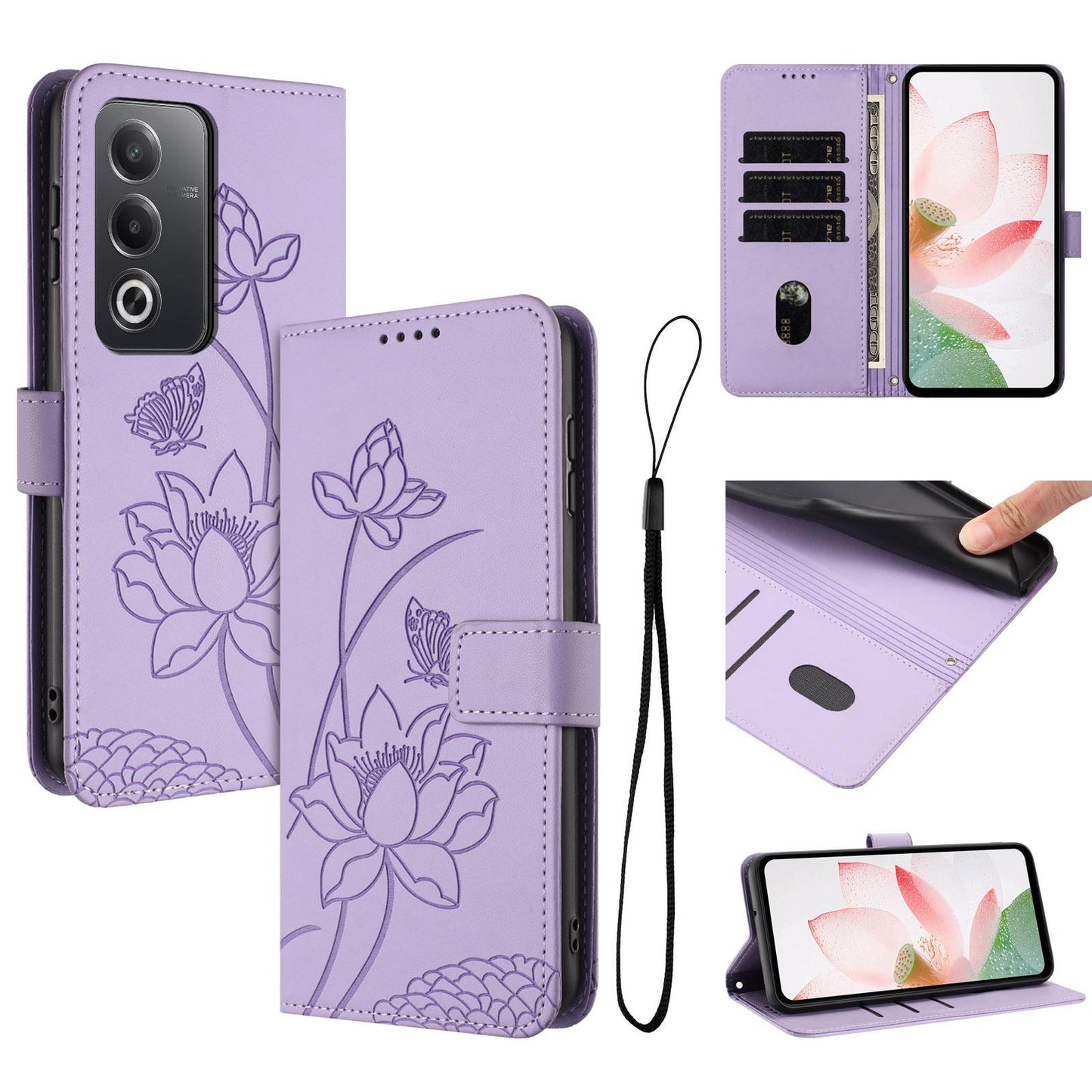 OPPO A3 Pro 5G Lotus Embossed PU Leather Wallet Phone Case with Card Holder, Cash Pocket, Magnetic Flip Stand Cover, Wrist Lanyard Strap, Shockproof TPU Protective Folio Case - Purple