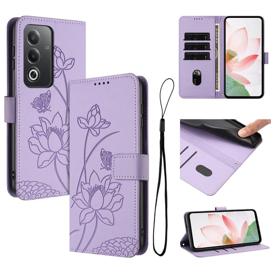 OPPO A3 Pro 5G Lotus Embossed PU Leather Wallet Phone Case with Card Holder, Cash Pocket, Magnetic Flip Stand Cover, Wrist Lanyard Strap, Shockproof TPU Protective Folio Case - Purple