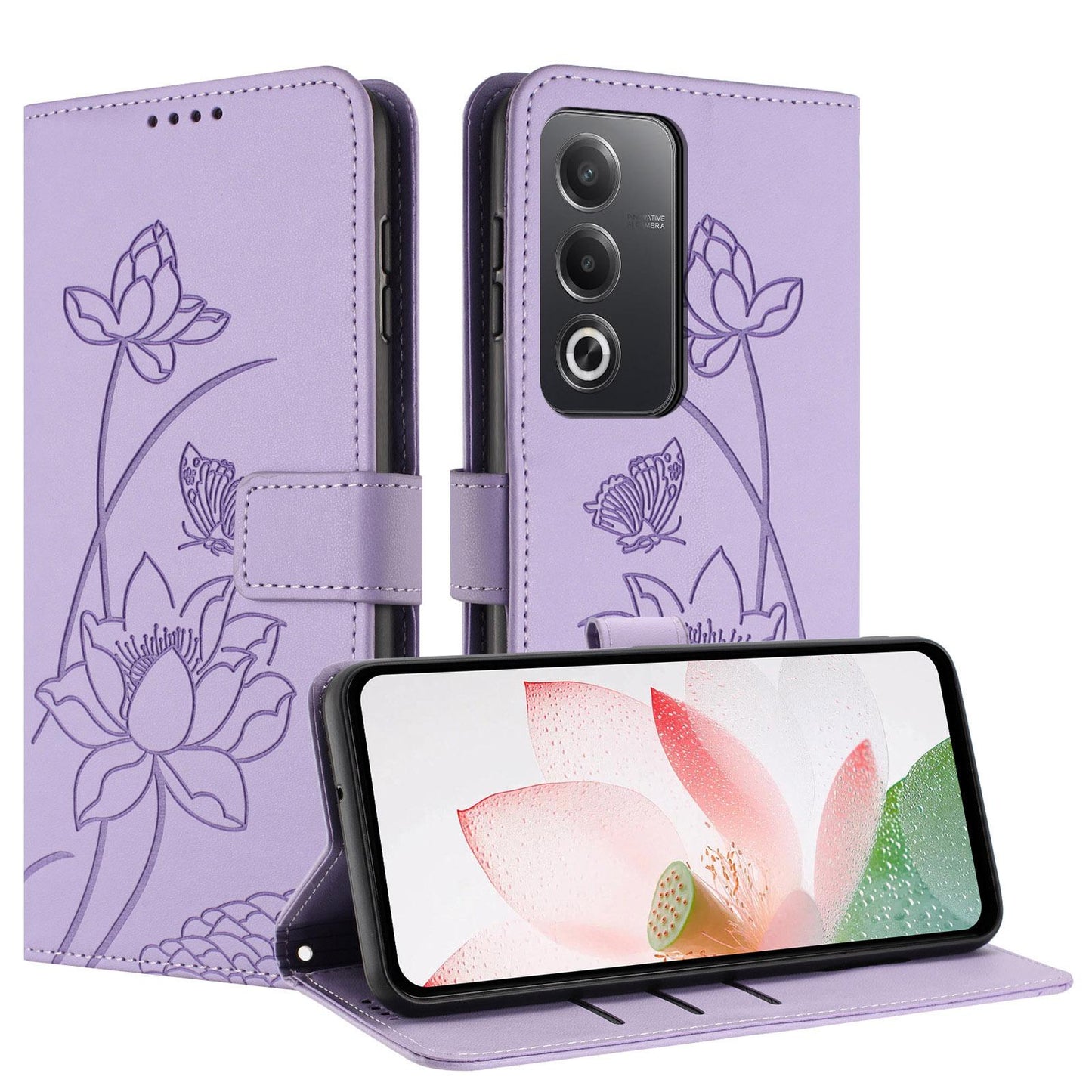 OPPO A3 Pro 5G Lotus Embossed PU Leather Wallet Phone Case with Card Holder, Cash Pocket, Magnetic Flip Stand Cover, Wrist Lanyard Strap, Shockproof TPU Protective Folio Case - Purple