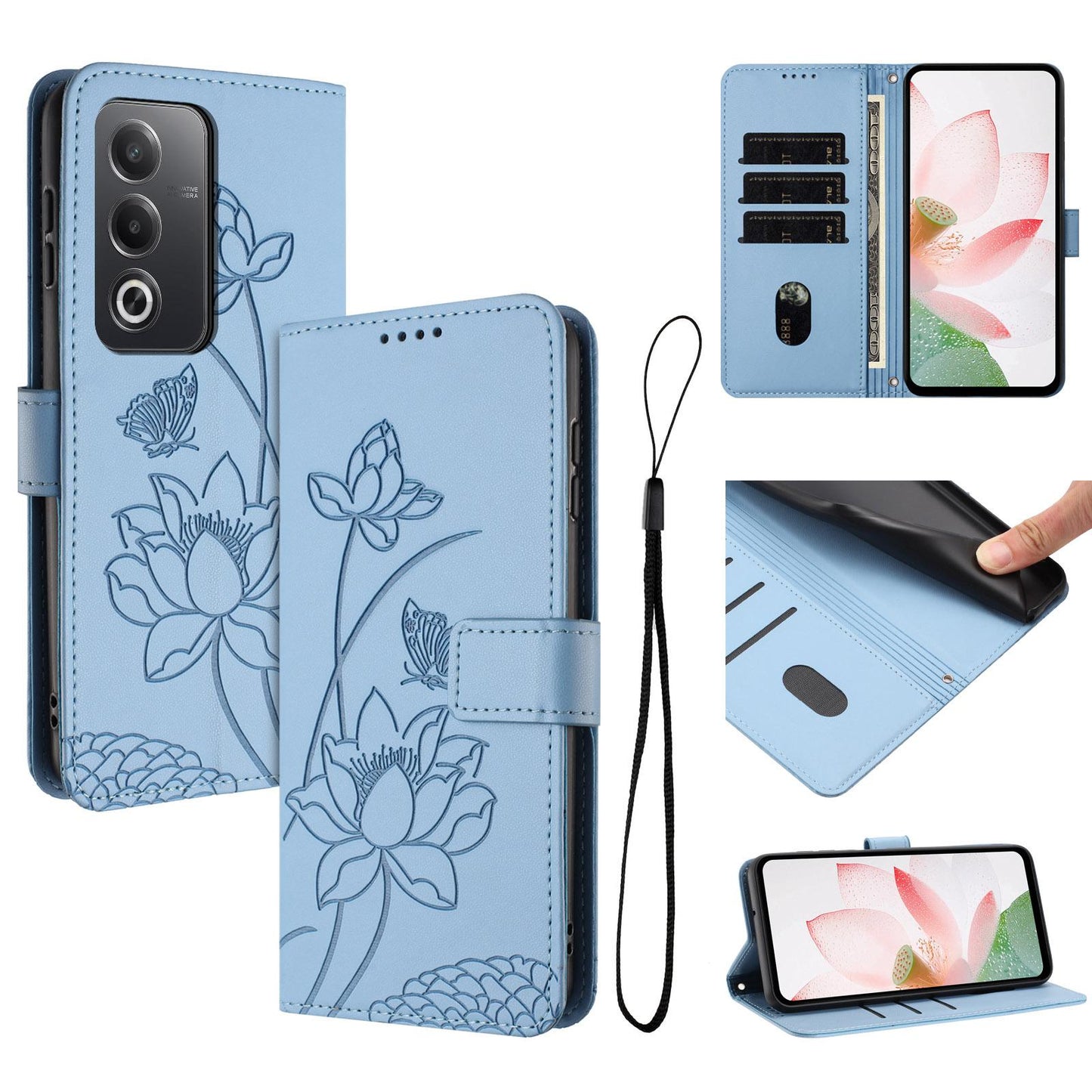 OPPO A3 Pro 5G Lotus Embossed PU Leather Wallet Phone Case with Card Holder, Cash Pocket, Magnetic Flip Stand Cover, Wrist Lanyard Strap, Shockproof TPU Protective Folio Case - Purple