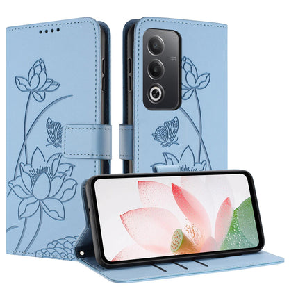 OPPO A3 Pro 5G Lotus Embossed PU Leather Wallet Phone Case with Card Holder, Cash Pocket, Magnetic Flip Stand Cover, Wrist Lanyard Strap, Shockproof TPU Protective Folio Case - Purple