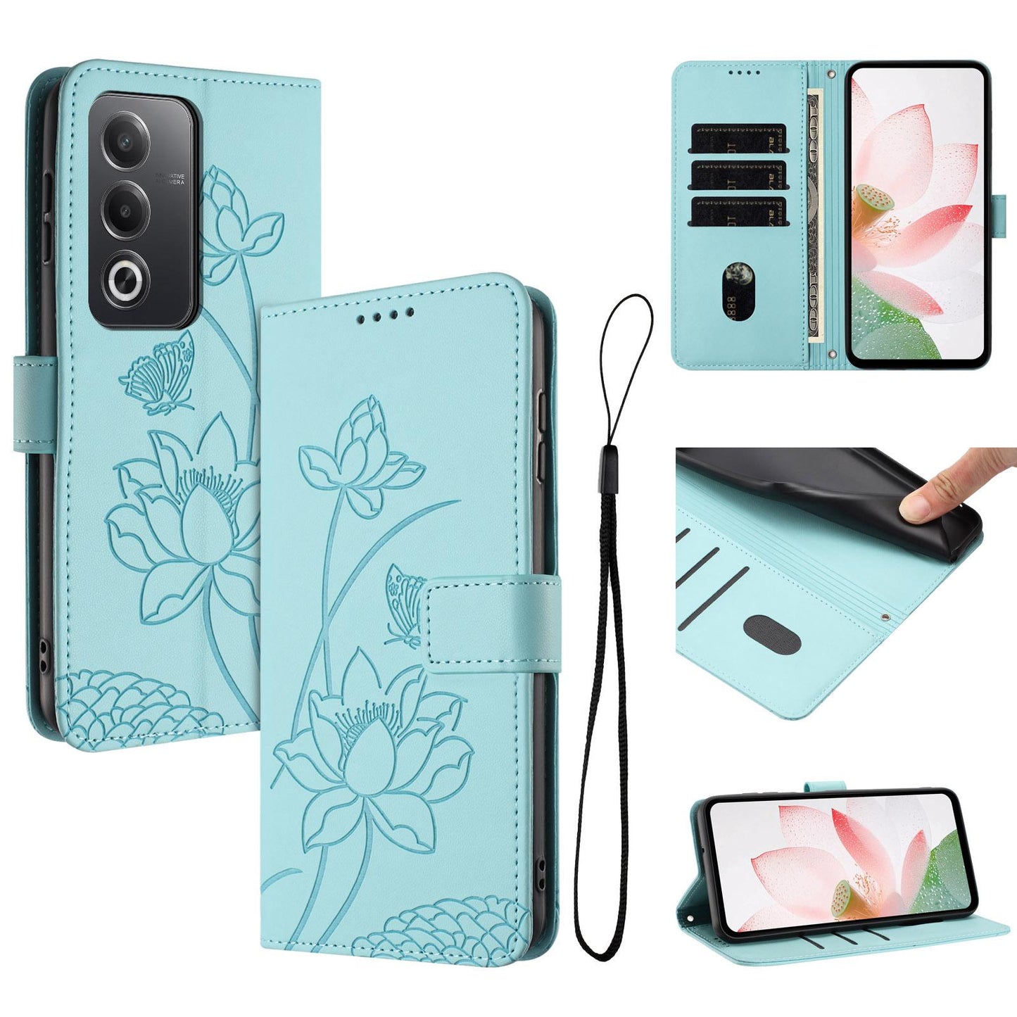 OPPO A3 Pro 5G Lotus Embossed PU Leather Wallet Phone Case with Card Holder, Cash Pocket, Magnetic Flip Stand Cover, Wrist Lanyard Strap, Shockproof TPU Protective Folio Case - Purple