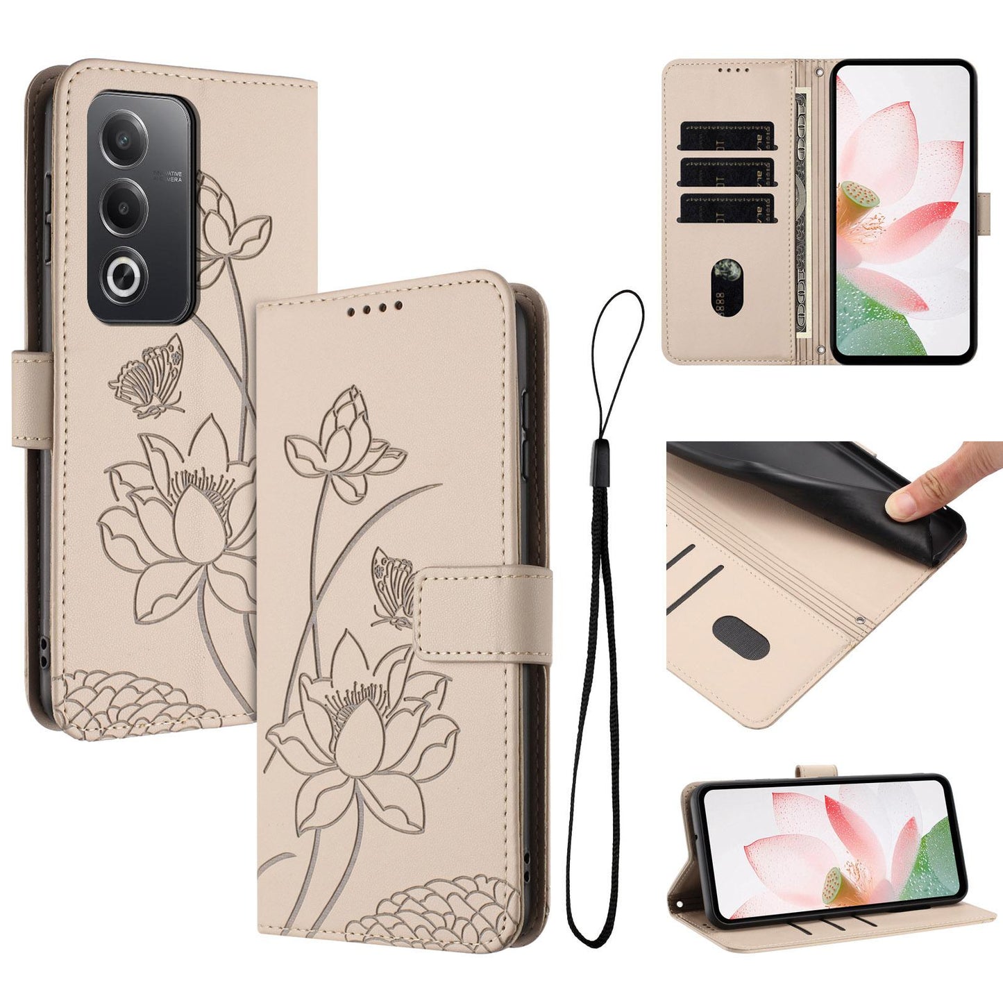 OPPO A3 Pro 5G Lotus Embossed PU Leather Wallet Phone Case with Card Holder, Cash Pocket, Magnetic Flip Stand Cover, Wrist Lanyard Strap, Shockproof TPU Protective Folio Case - Purple