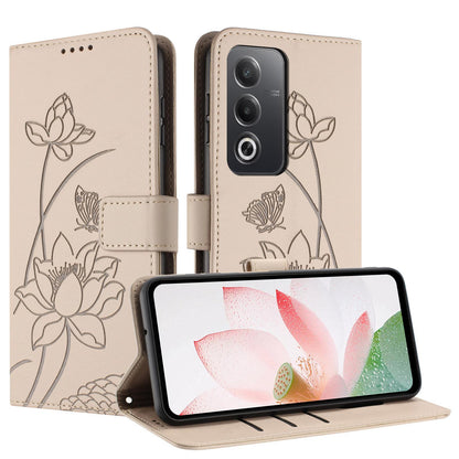 OPPO A3 Pro 5G Lotus Embossed PU Leather Wallet Phone Case with Card Holder, Cash Pocket, Magnetic Flip Stand Cover, Wrist Lanyard Strap, Shockproof TPU Protective Folio Case - Purple