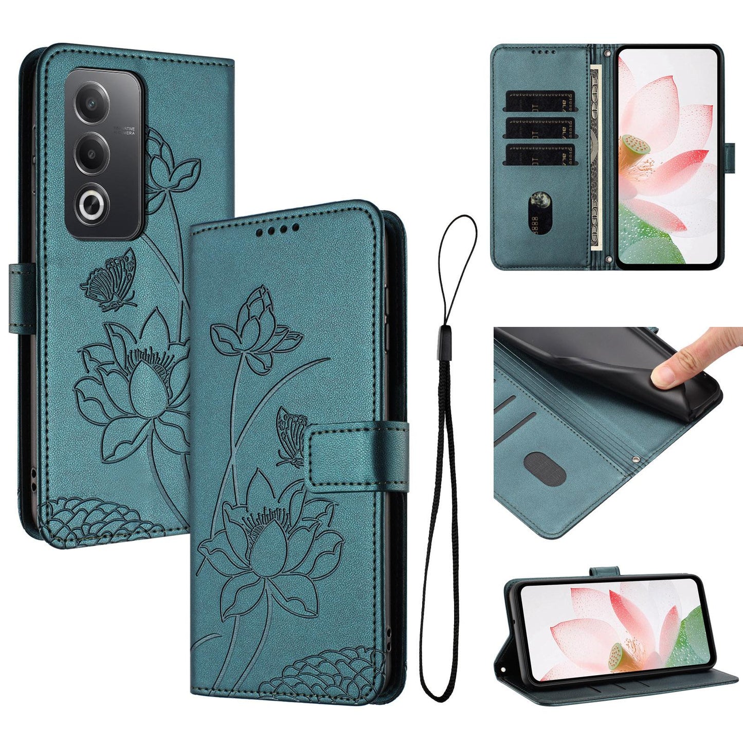OPPO A3 Pro 5G Lotus Embossed PU Leather Wallet Phone Case with Card Holder, Cash Pocket, Magnetic Flip Stand Cover, Wrist Lanyard Strap, Shockproof TPU Protective Folio Case - Purple