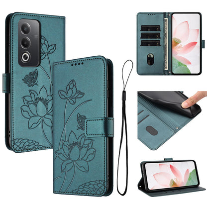 OPPO A3 Pro 5G Lotus Embossed PU Leather Wallet Phone Case with Card Holder, Cash Pocket, Magnetic Flip Stand Cover, Wrist Lanyard Strap, Shockproof TPU Protective Folio Case - Purple