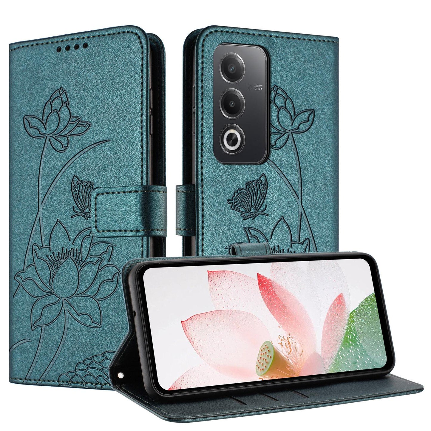 OPPO A3 Pro 5G Lotus Embossed PU Leather Wallet Phone Case with Card Holder, Cash Pocket, Magnetic Flip Stand Cover, Wrist Lanyard Strap, Shockproof TPU Protective Folio Case - Purple