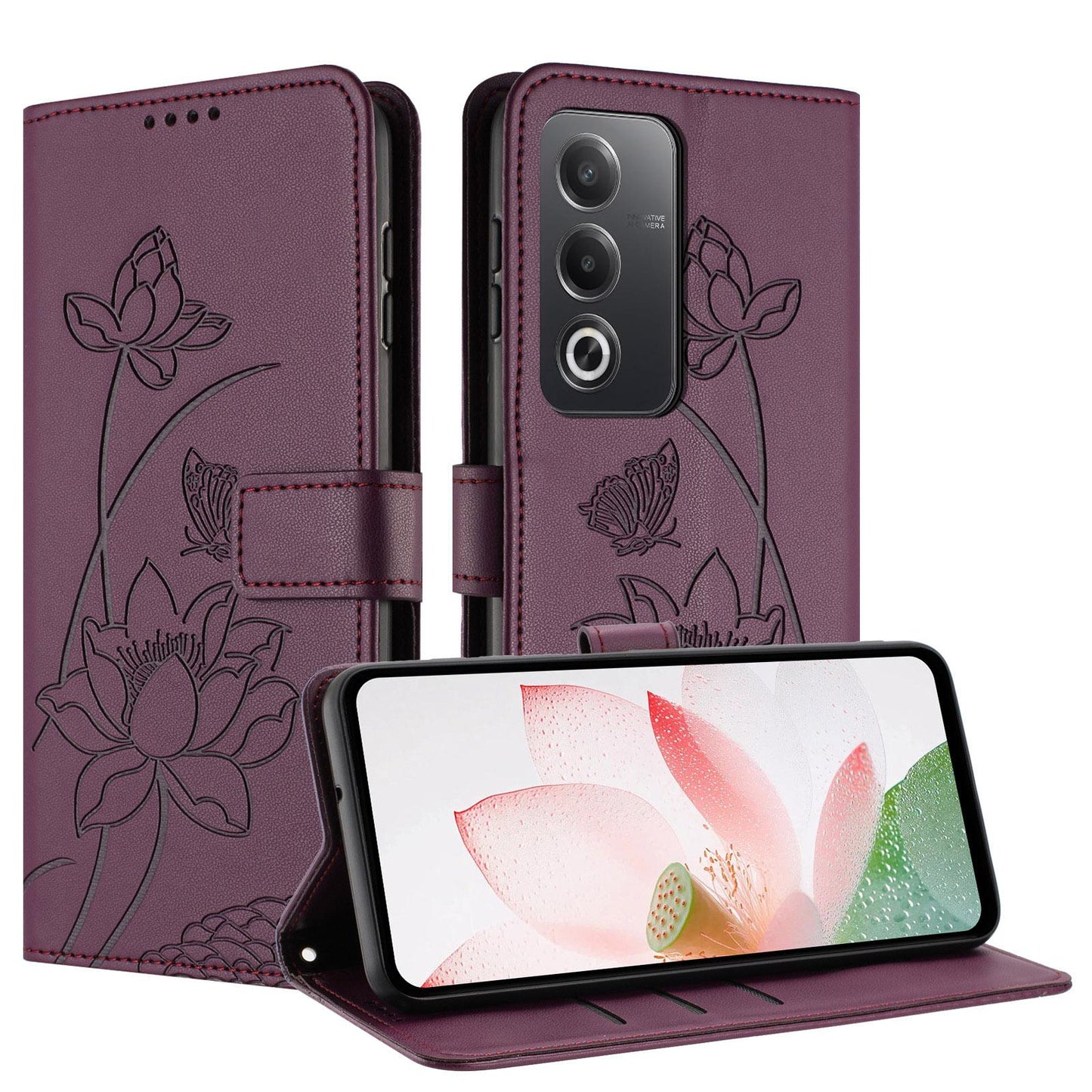OPPO A3 Pro 5G Lotus Embossed PU Leather Wallet Phone Case with Card Holder, Cash Pocket, Magnetic Flip Stand Cover, Wrist Lanyard Strap, Shockproof TPU Protective Folio Case - Purple