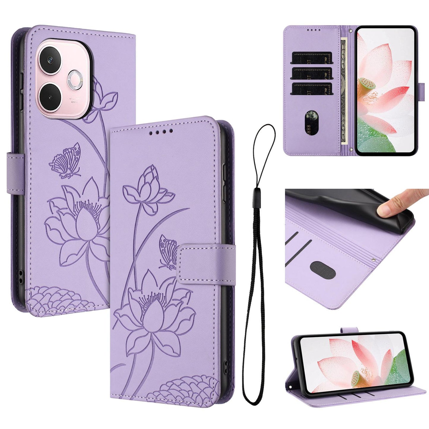 OPPO A5 Pro 5G Lotus Embossed PU Leather Wallet Phone Case with Card Holder, Cash Pocket, Magnetic Flip Stand Cover, Wrist Lanyard Strap, Shockproof TPU Protective Folio Case - Purple