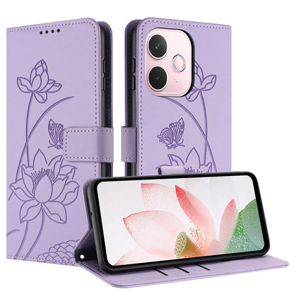 OPPO A5 Pro 5G Lotus Embossed PU Leather Wallet Phone Case with Card Holder, Cash Pocket, Magnetic Flip Stand Cover, Wrist Lanyard Strap, Shockproof TPU Protective Folio Case - Purple