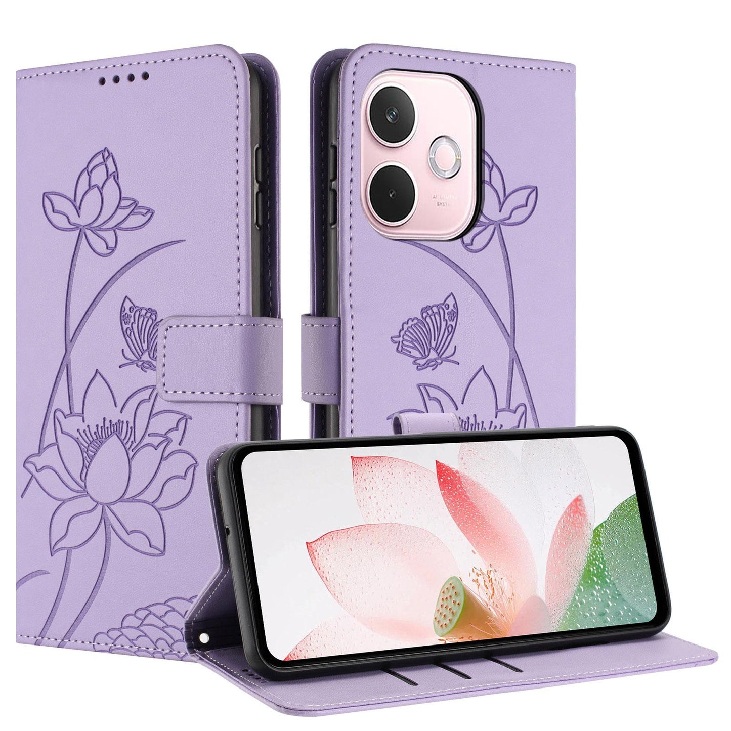 OPPO A5 Energy Lotus Embossed PU Leather Wallet Phone Case with Card Holder, Cash Pocket, Magnetic Flip Stand Cover, Wrist Lanyard Strap, Shockproof TPU Protective Folio Case - Purple