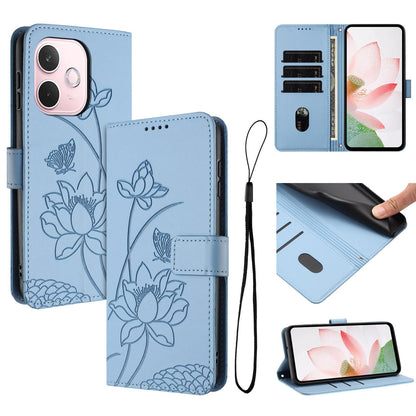 OPPO A5 Pro 5G Lotus Embossed PU Leather Wallet Phone Case with Card Holder, Cash Pocket, Magnetic Flip Stand Cover, Wrist Lanyard Strap, Shockproof TPU Protective Folio Case - Purple
