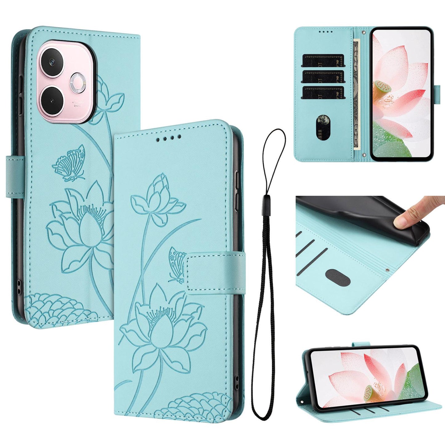 OPPO A5 Pro 5G Lotus Embossed PU Leather Wallet Phone Case with Card Holder, Cash Pocket, Magnetic Flip Stand Cover, Wrist Lanyard Strap, Shockproof TPU Protective Folio Case - Purple