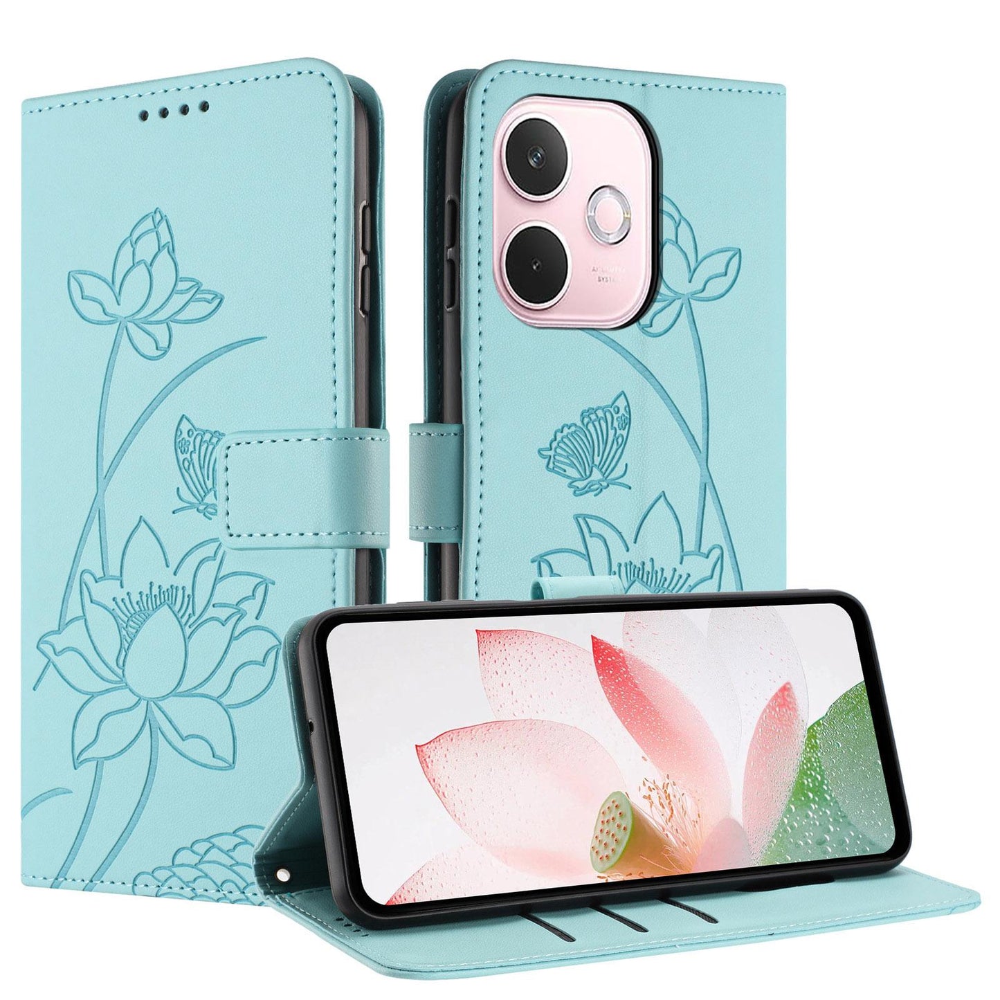 OPPO A5 Pro 4G Lotus Embossed PU Leather Wallet Phone Case with Card Holder, Cash Pocket, Magnetic Flip Stand Cover, Wrist Lanyard Strap, Shockproof TPU Protective Folio Case - Purple