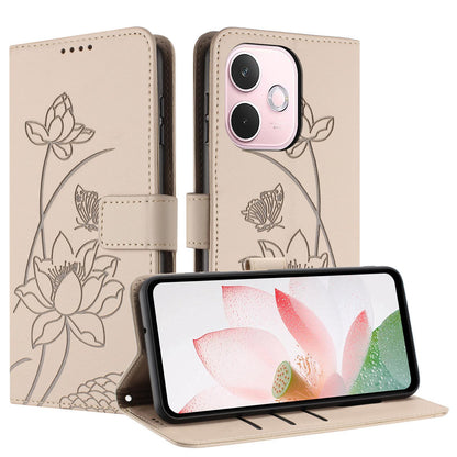 OPPO A5 Energy Lotus Embossed PU Leather Wallet Phone Case with Card Holder, Cash Pocket, Magnetic Flip Stand Cover, Wrist Lanyard Strap, Shockproof TPU Protective Folio Case - Purple